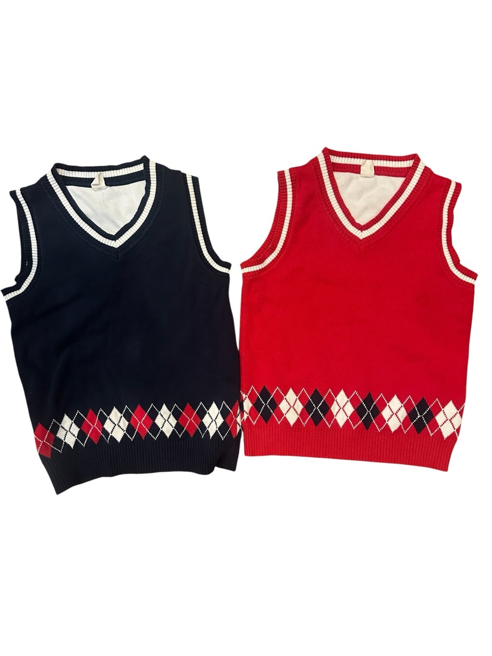 Kids’ Lot of 2 Red/Navy Argyle V-Neck Cable Knit Vests Sz 10 (150) School Preppy